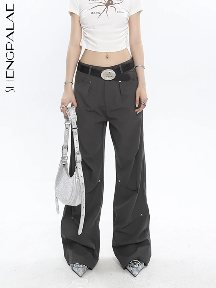 

SHENGPALAE, американская мода, унисекс, плиссированные брюки, металлические круглые гвозди, микро-рога, повседневные брюки для женщин, 2023, летняя новая одежда 2367