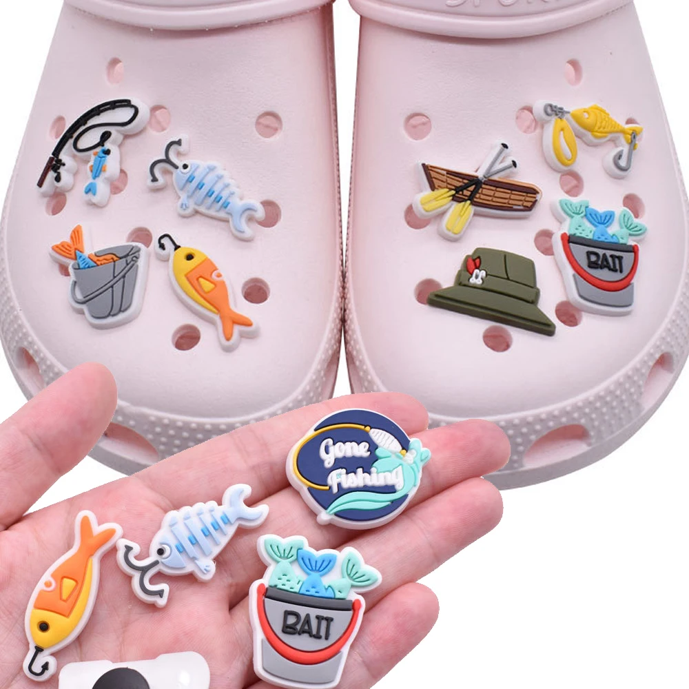 

Оптовая продажа, 1 шт., аксессуары для обуви из ПВХ для Crocs, подвески, спортивный значок для рыбалки, женские сандалии, пряжка, Детские булавки, украшения для джинсов