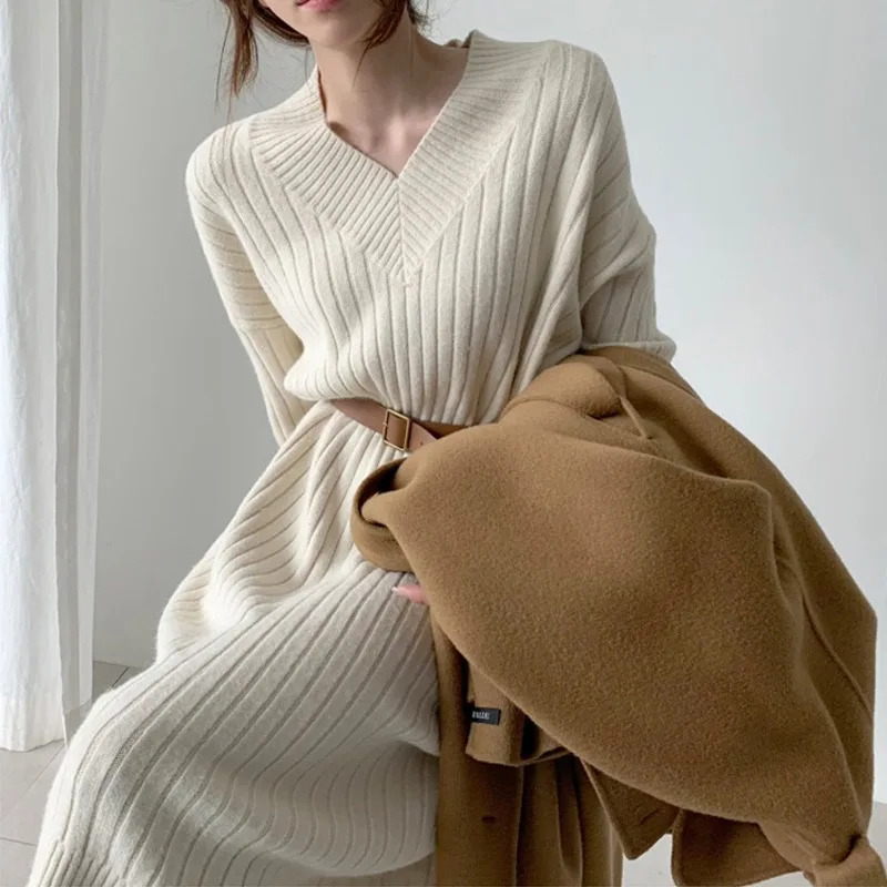 

Autumn Winter Woman Dress Long Sleeve Knit Vestido V-neck Casual Korean Fashion Woman Dresses