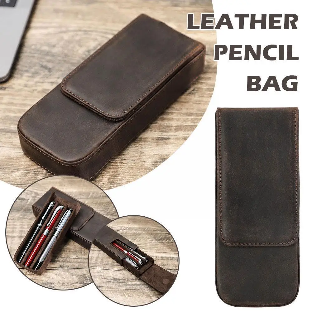 

Luxury Genuine Leather 3 Slots Pen Case Pouch Holder Single Pencil Bag With Snap Button For Rollerball Fountain For Noteboo R9J6