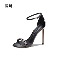 high heels sandals thin heel pumps black bling leather sexy thin strap open toe button sandals womens shoes summer