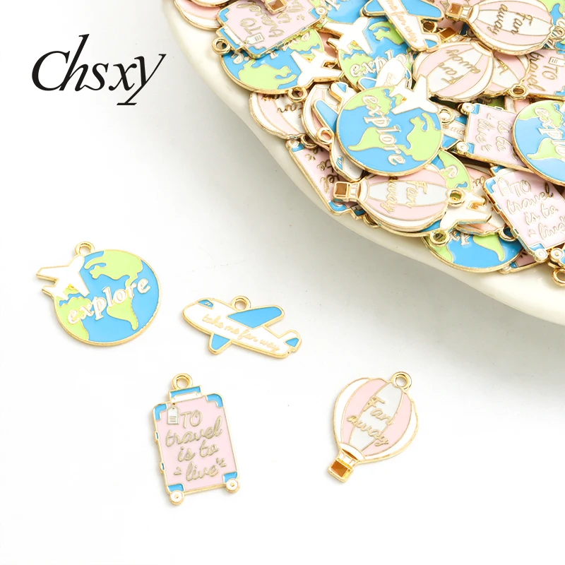 

10pcs Travel Luggage Hot Air Balloon Aircraft Enamel Charms Cartoon Explore The Tour Alloy Pendants For Making DIY Handmade Gift