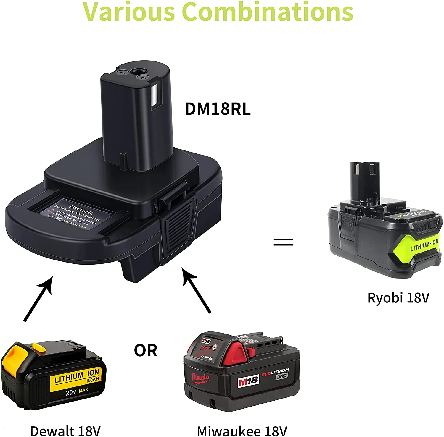 DM18RL Battery Adapter for Dewalt for Milwaukee 20V/18V Li-Ion Battery Convert to for Ryobi 18V P108 ABP1801 Battery enlarge