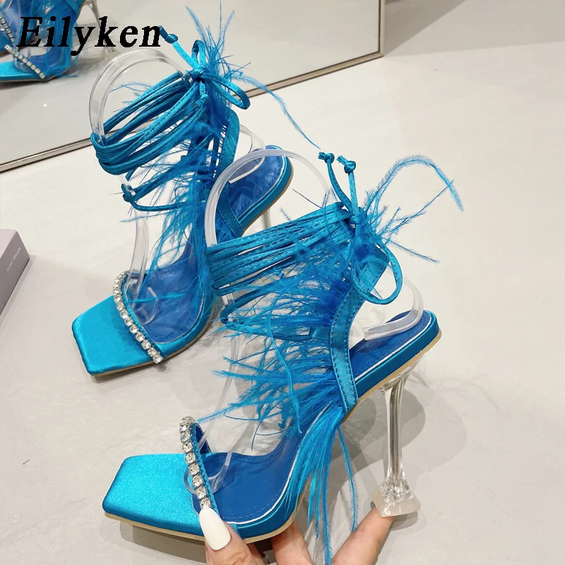 

Eilyken Fashion Summer Rhinestone Feather Women Sandals Lace-up Cross-Tied Sexy Gladiator Square Toe Ladies High Heel Shoes