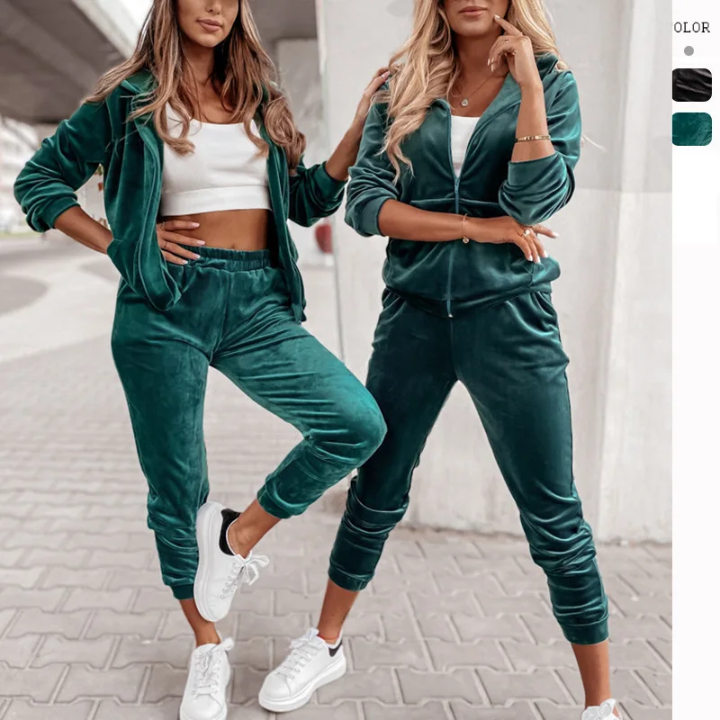 

Women's Velvet 2 Piece Sets Zipper Hoodie Tracksuit Solid Casual Slim Fit Tops and Pants New for Female 2023 New Fashion Clothes