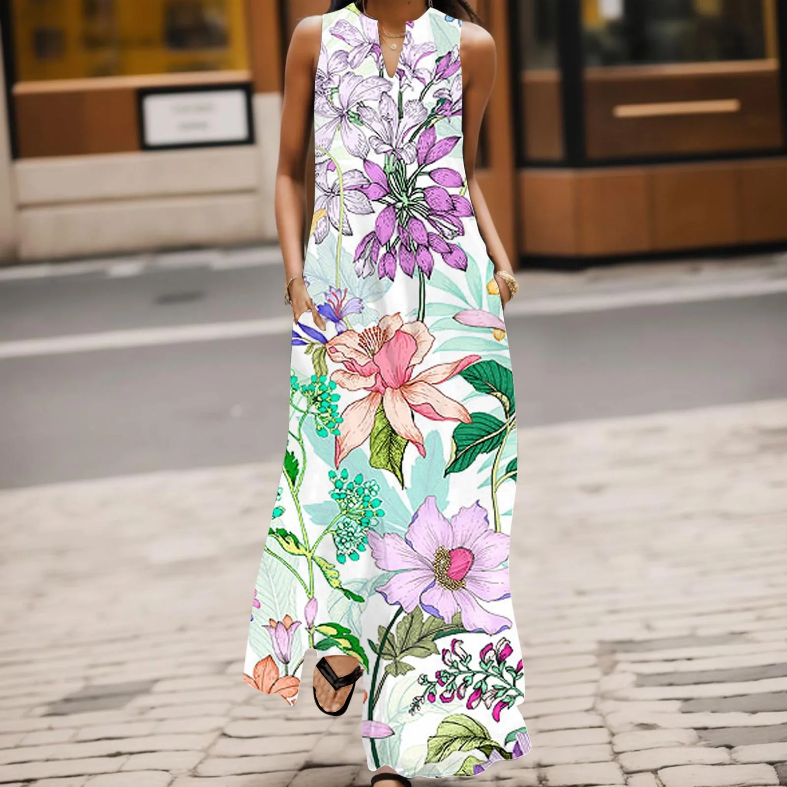 

Women Casual Dress Solid Color V Neck Sleeveless Retro Long Dress Beach Dress Long Skirt Peach Casual Dress