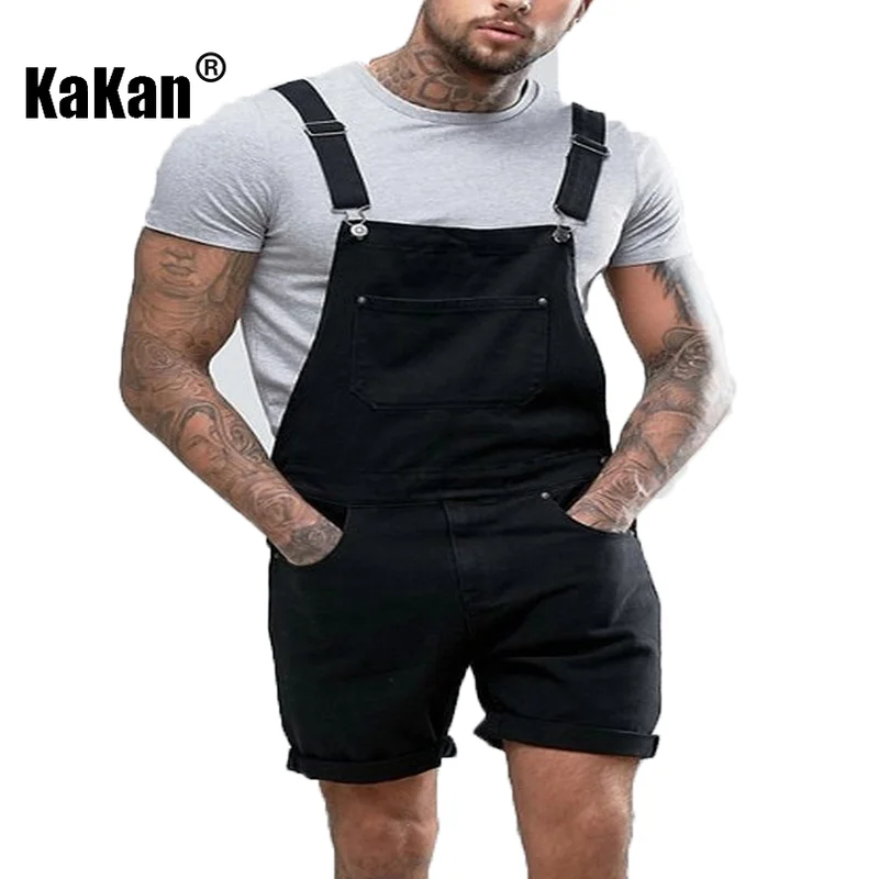 Kakan - European and American New Vintage Capris Sling Jeans for Men, Black Strap One Piece Jeans K34-211