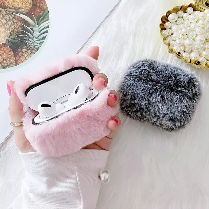 

1PC Soft Warm Rabbit Fur Plush Airpods Case For Airpods 1/2 For Air Pods Pro Wireless Charging Earphone Box With Chain Fashion