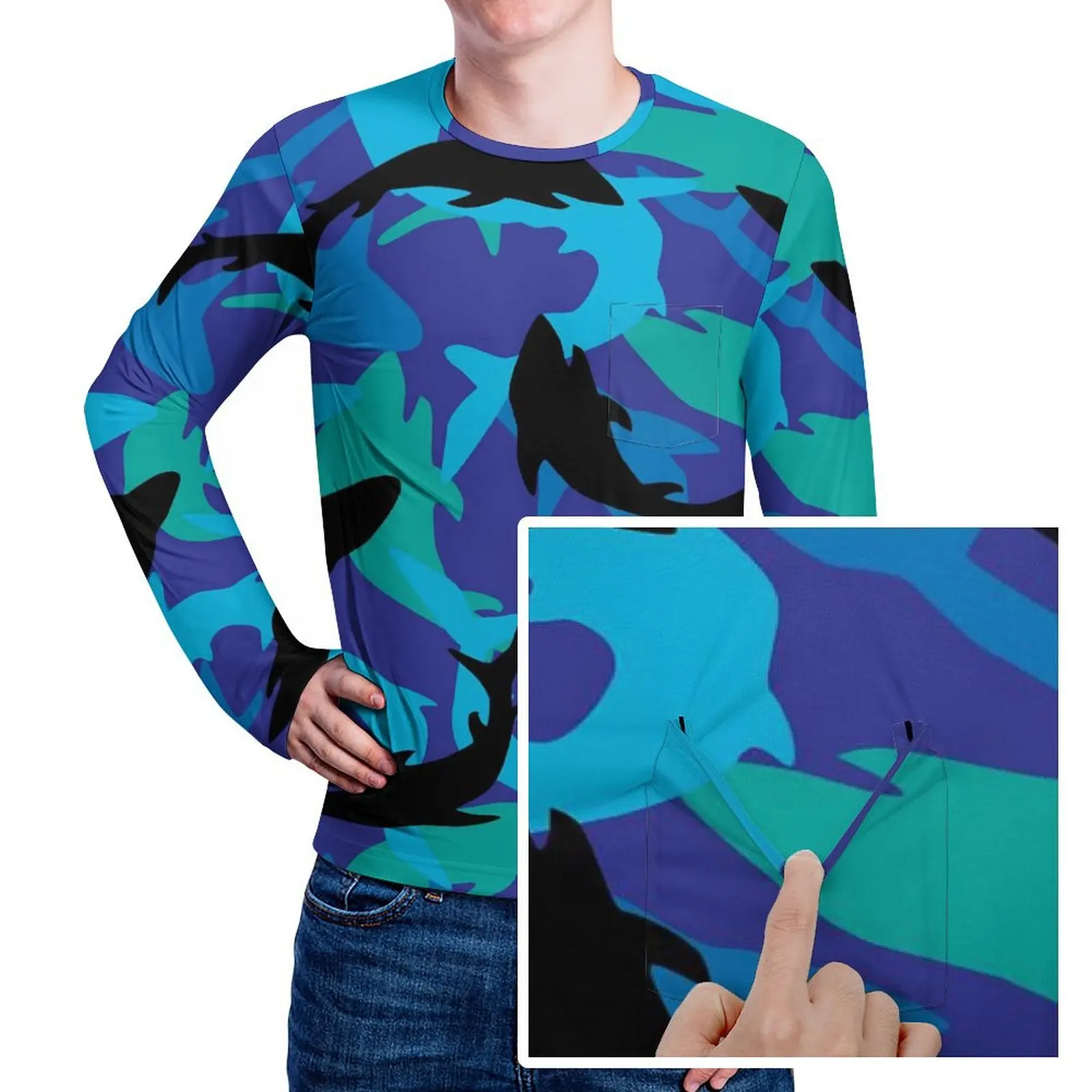 Камуфляжная футболка с изображением акулы осенняя уличная животным принтом