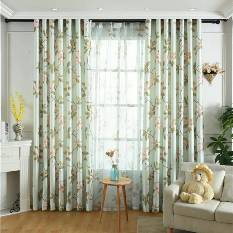 

American Flower Curtains for Living Dining Bedroom High-end White Silk Single-sided Velvet Printing Fresh Blackout Curtain