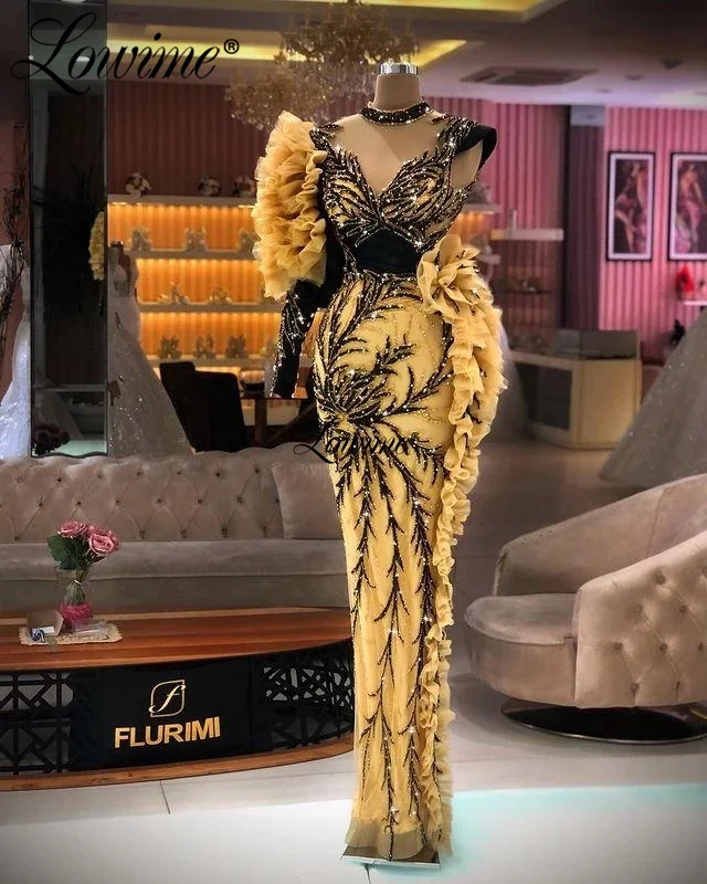 

Lowime Elegant Yellow and Black Evening Dresses One Shoulder Beading Women Party Dress 2022 Plus Size Long Prom Dress Gowns Robe
