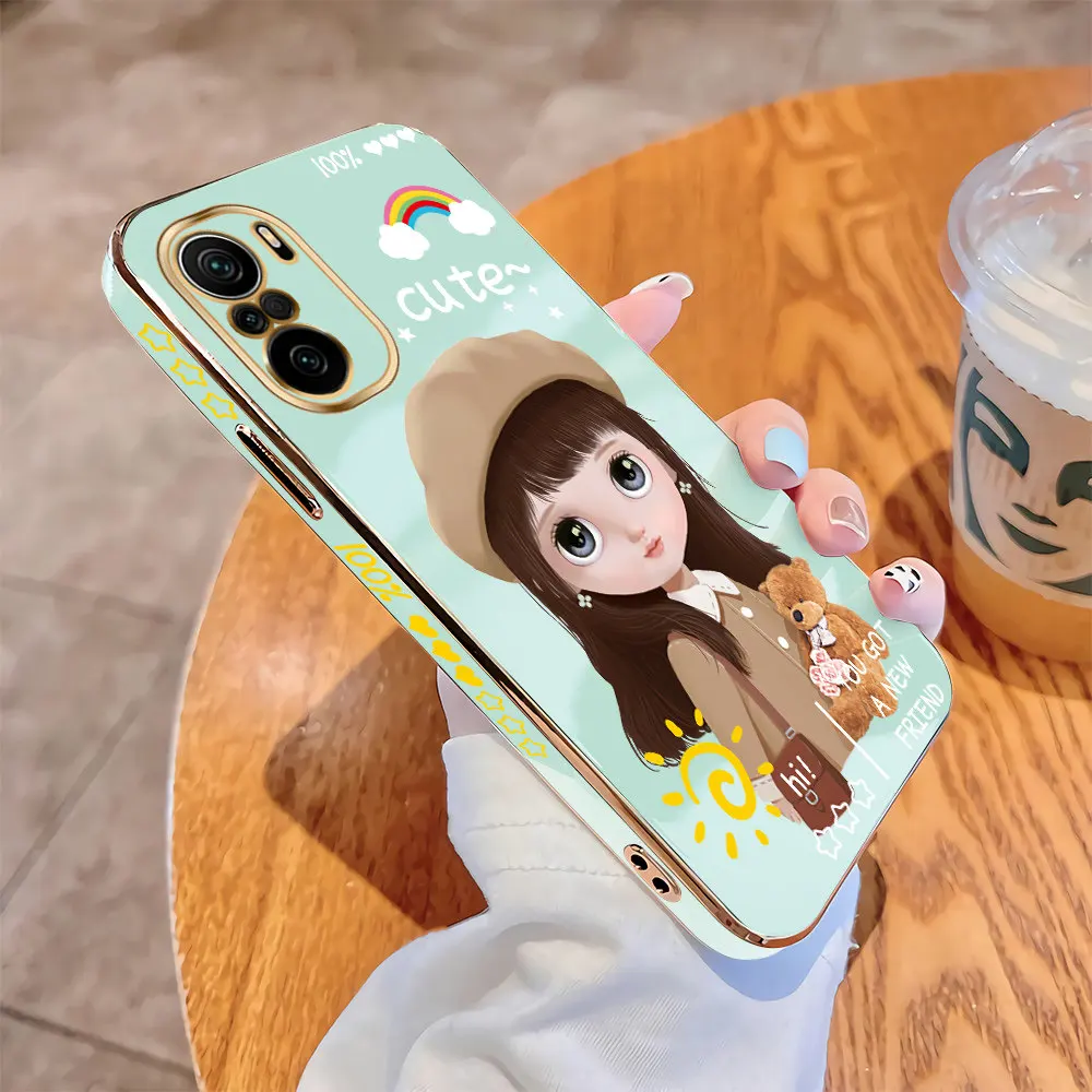 

For Xiaomi Redmi K40 Pro K40 Gaming K40S Poco F3 GT F4 Luxury Square Case Cartoon Girls Plating Soft TPU Cover Shockproof Cases
