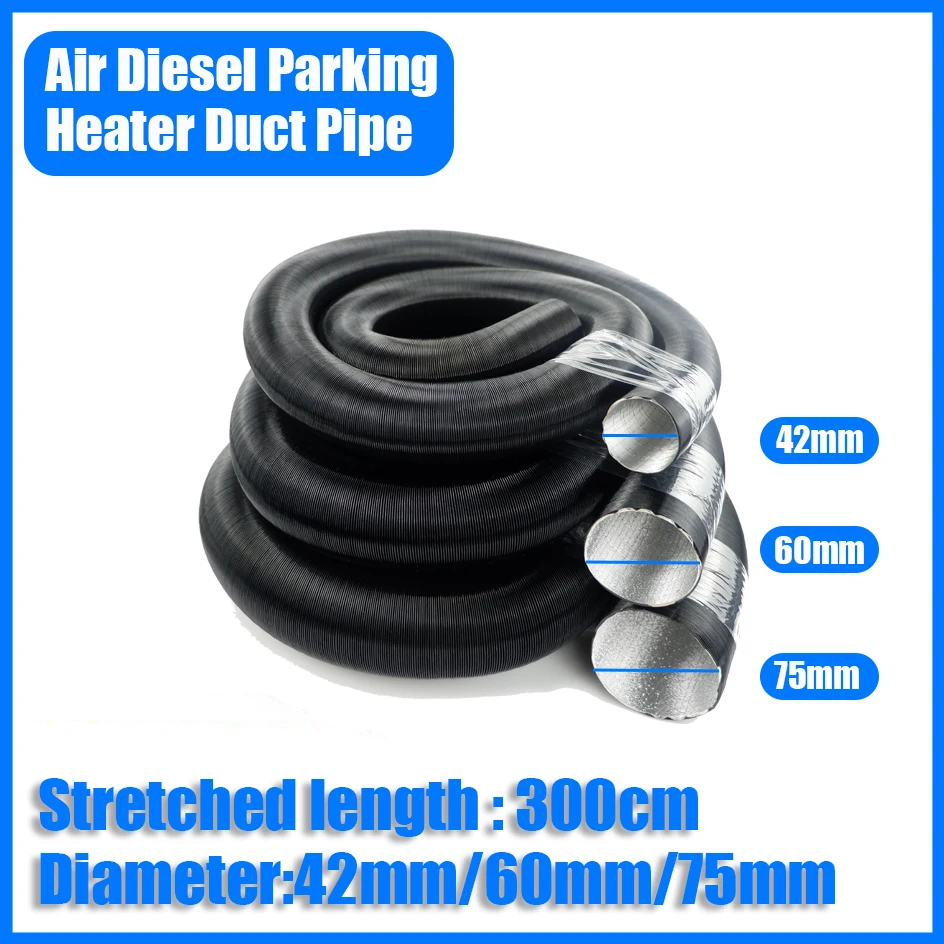 

42mm/60mm/75mm 300cm Diesel Parking Heater Duct Ducting Pipe Hose Black For Webasto Eberspacher Heater