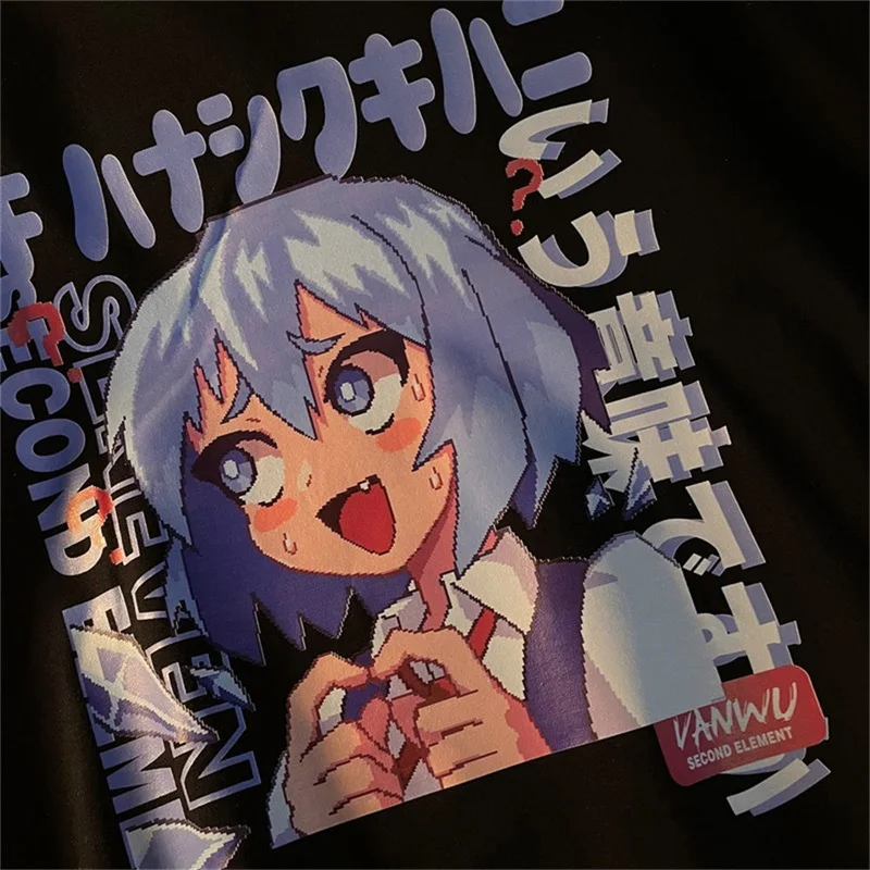 

Womens tops cotton retro digital mosaic anime girls short-sleeved cartoon t-shirt men and women trend ins cartoon print tops