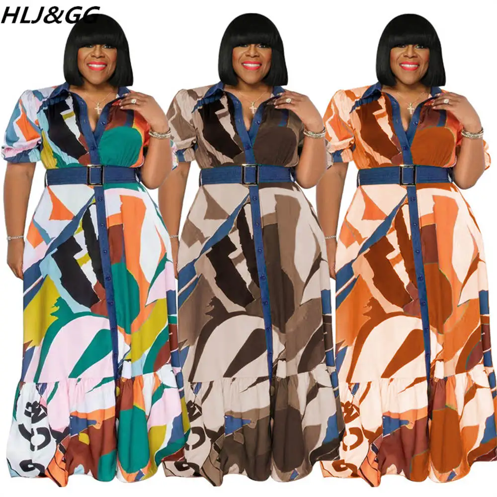 HLJ&GG Eleagnt Office Lady Dress Plus Size For Women Long Sleeve Button Belt Maxi Dress Fashion Print Streetwear Vestidos XL-5XL
