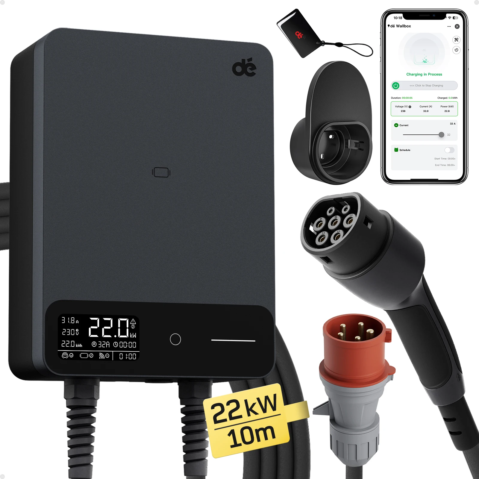 

dé Wallbox 22kW с счетчиком электроэнергии 3-фазный APP Домашняя зарядная станция 5 м 7,5 м Зарядный кабель CEE к типу 2 EV зарядное устройство Черный