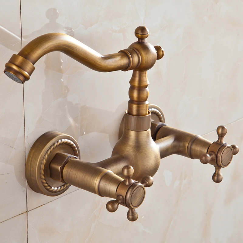 

Luxury Bathroom Faucet Antique Brass Kitchen Mixer Tap Faucet Wall Mounted Dual Handle Hot and Cold Taps