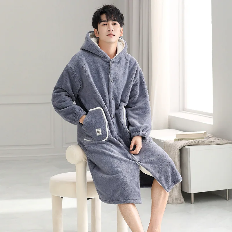 Мужская зимняя одежда для сна с капюшоном плотный фланелевый теплый плюшевый