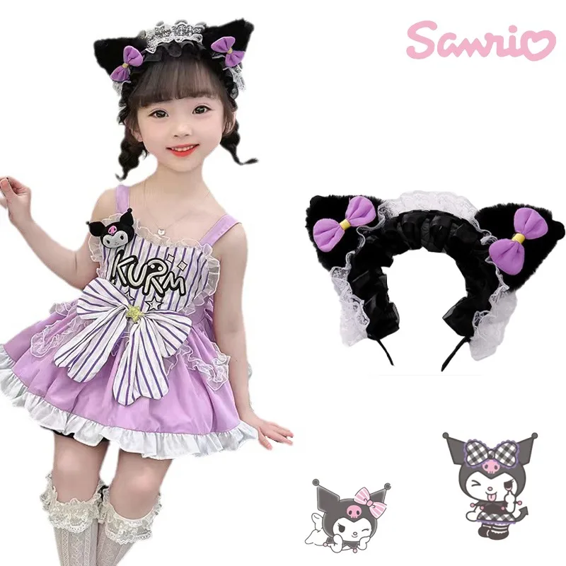 

Повязка на голову Sanrio Kuromi Женская, мультяшный плюшевый головной убор в стиле "Лолита", принцесса Хэллоуин, искусственное кружево