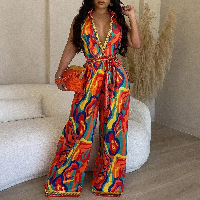 

2023 Women Elegant All Over Print Turn Down Neck Deep V Neck Sleeveless with Belt Jumpsuit Sexy Jumpsuit