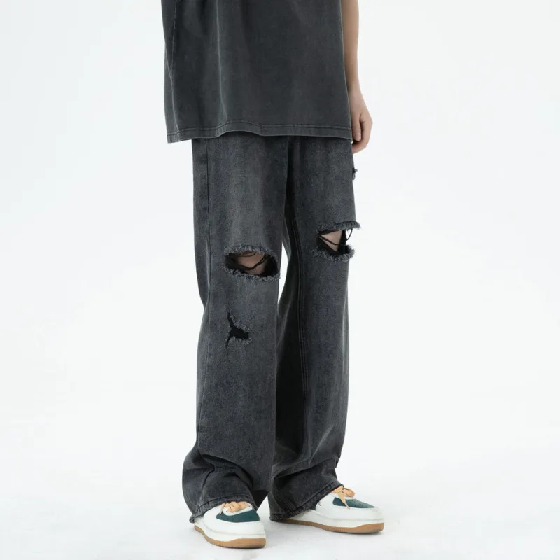 Blue/Black Baggy Jeans Men Fashion Casual Ripped Straight Jeans Men Streetwear Loose Hip Hop Hole Denim Pants Mens Trousers
