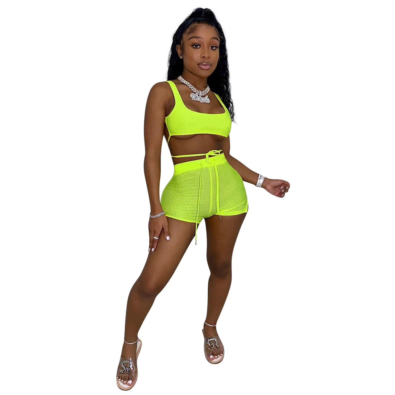 

Summer Fashion Neon Yellow Green Women Hot Sale Two Piece Sets Honeycomb Mesh Sexy Tank Top Elastic Waist Short Pants Tracksuit