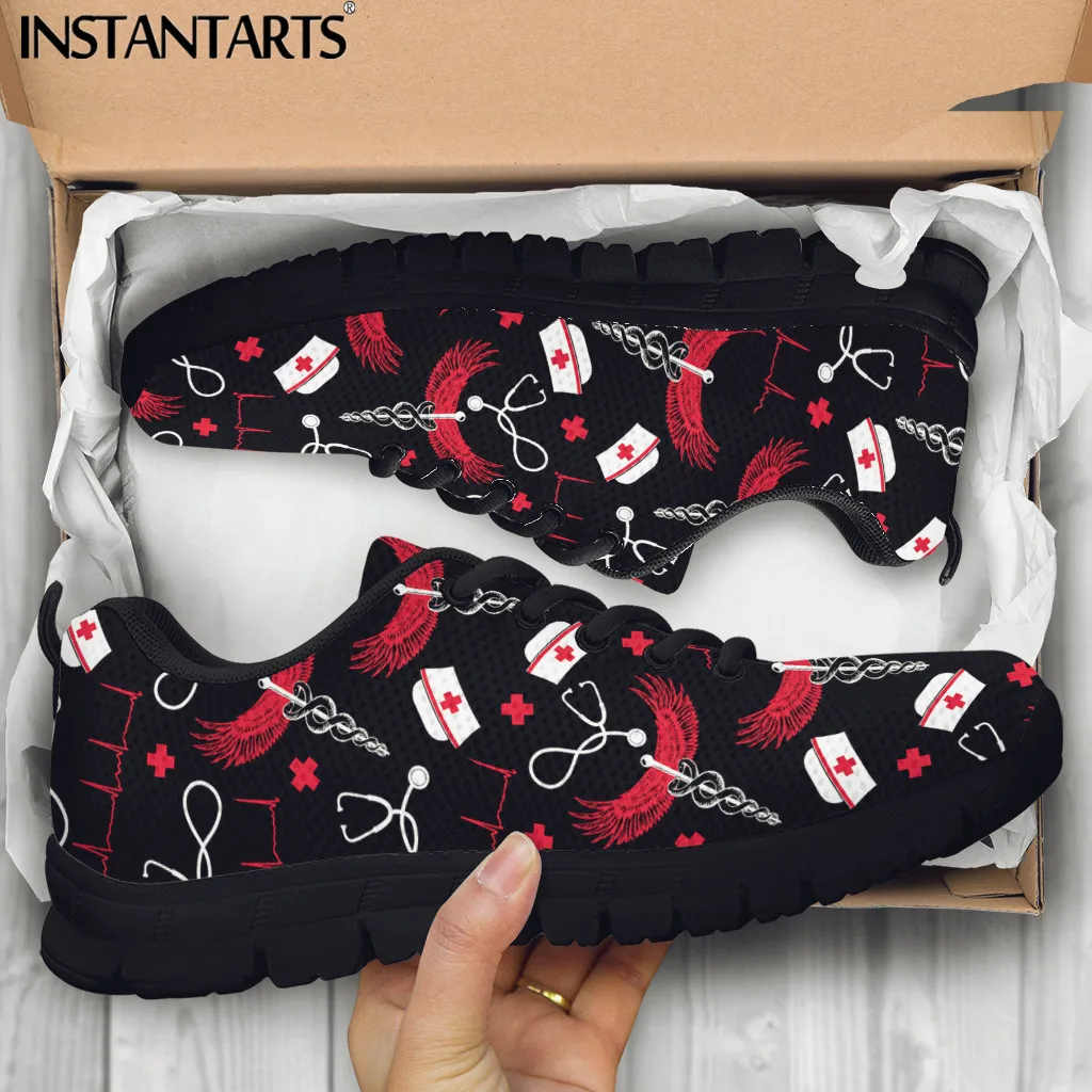 

INSTANTARTS Women Flats Shoes Physician Nursing Staff Medical Print Casual Lace Up Walk Sneakers Breathable Soft Female Footwear