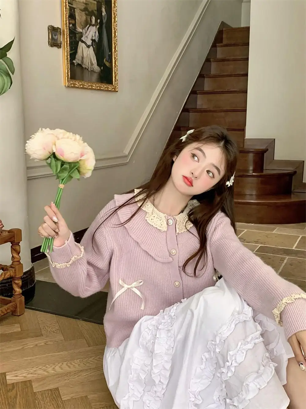 Fan Wenwen Cheese Taro кукольный воротник лоскутный вязаный кардиган женский осенний