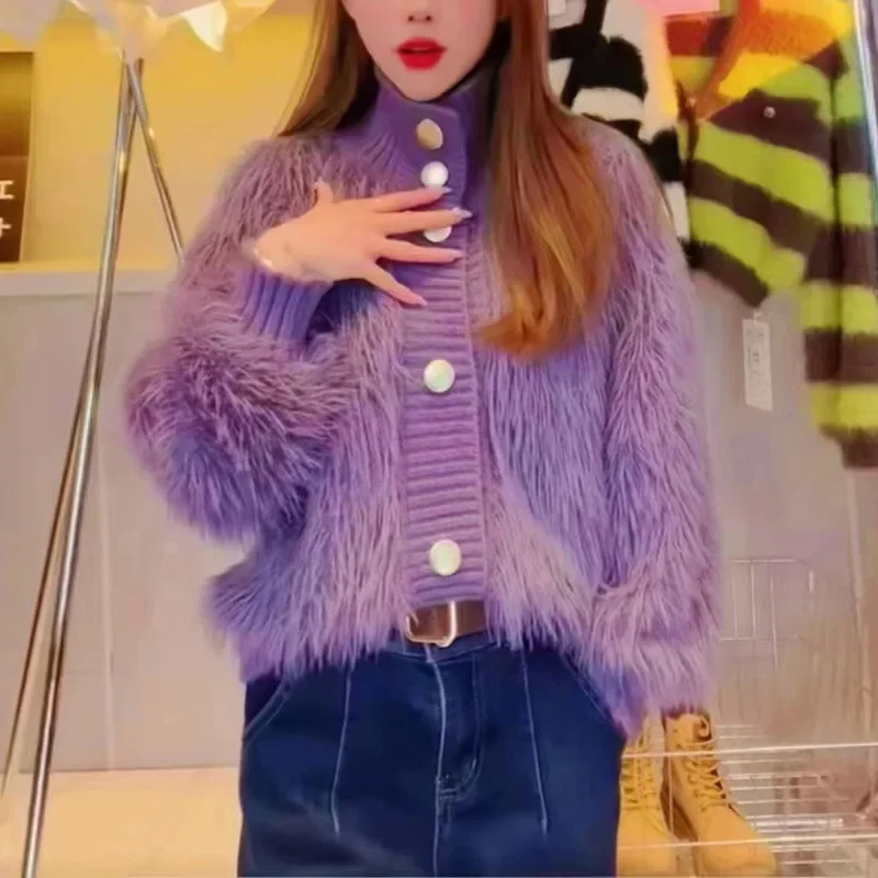 

Women's Sweater Coat Imitation Mink Velvet Knitted Fluffy Cardigan Ladies Clothing Long Sleeve 2024 Autumn Winter Sweater Female