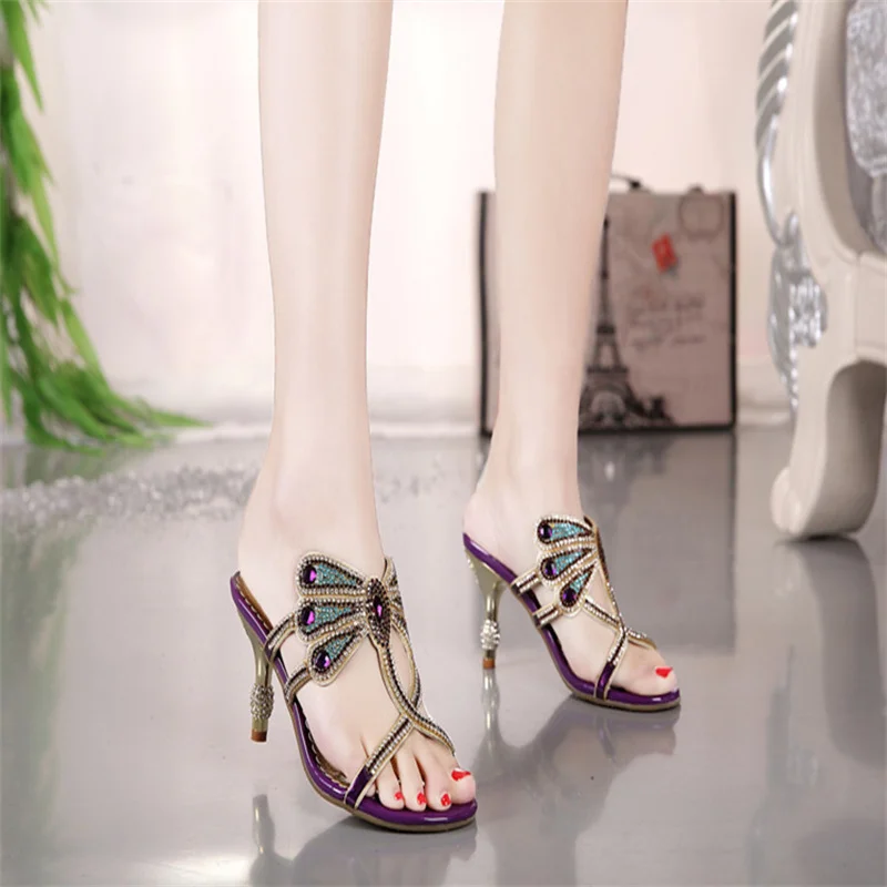 Summer Rhinestone Sandals Genuine Leather Glitter Women Open Toe Sandals High Heels Party Shoes Gladiator Sandals Wedding Shoes