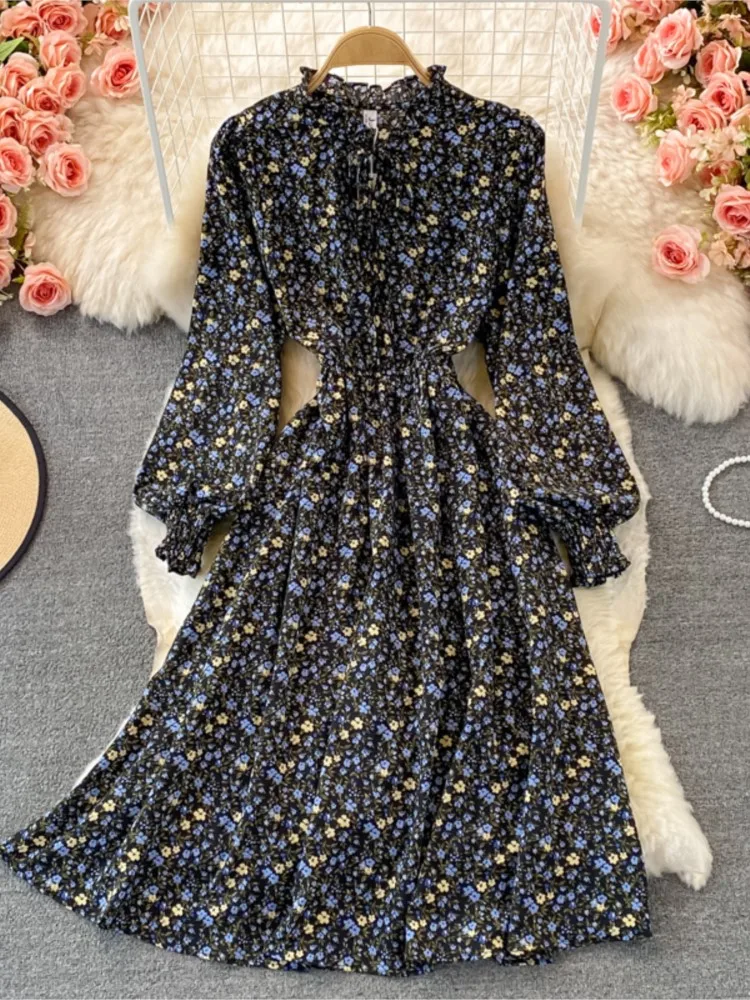 

Женское винтажное шифоновое платье миди, повседневное плиссированное платье с длинным рукавом и принтом, весна-лето 2022