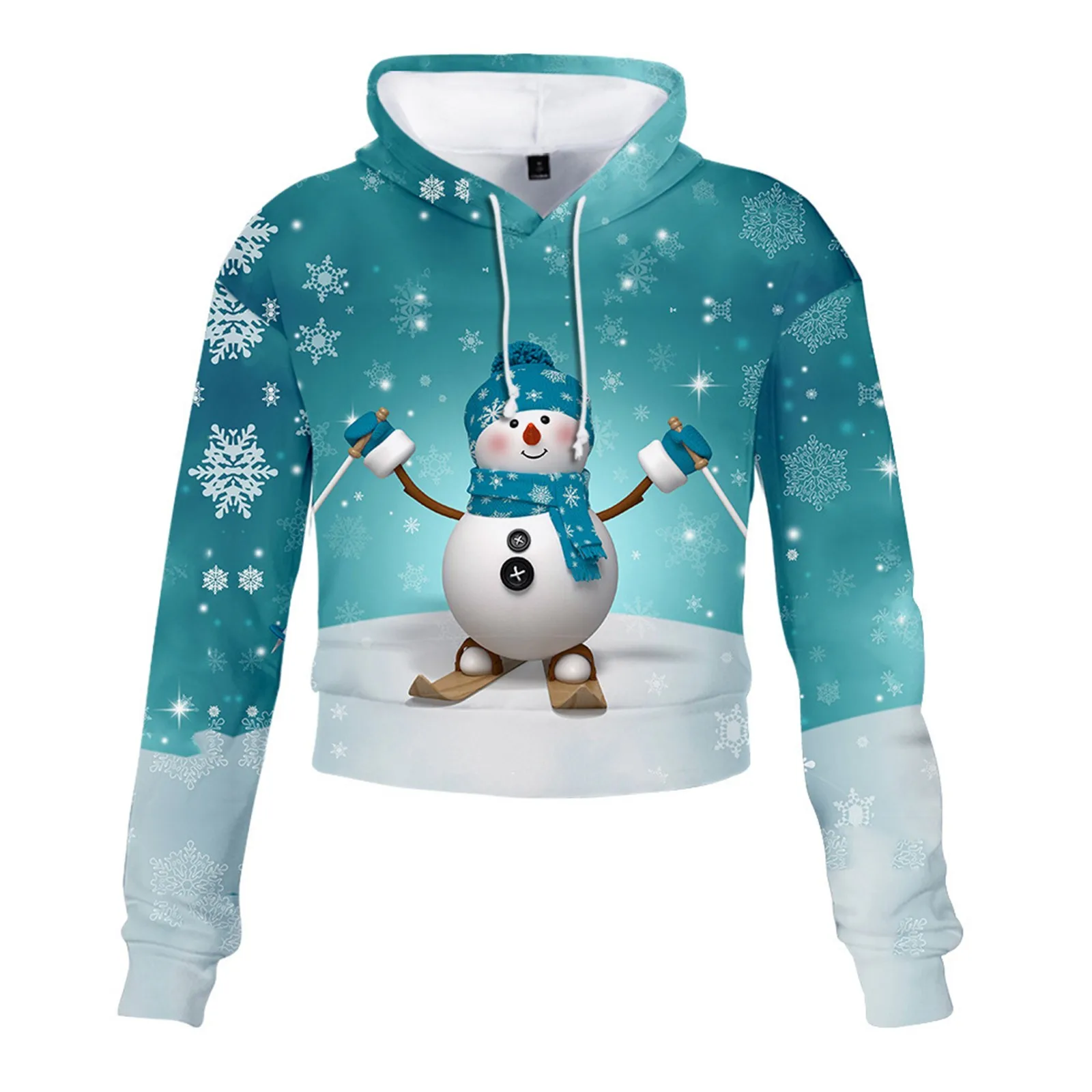 

Рождественский женский укороченный пуловер с длинным рукавом и принтом снеговика, пуловер с вырезом для большого пальца, худи с карманами д...