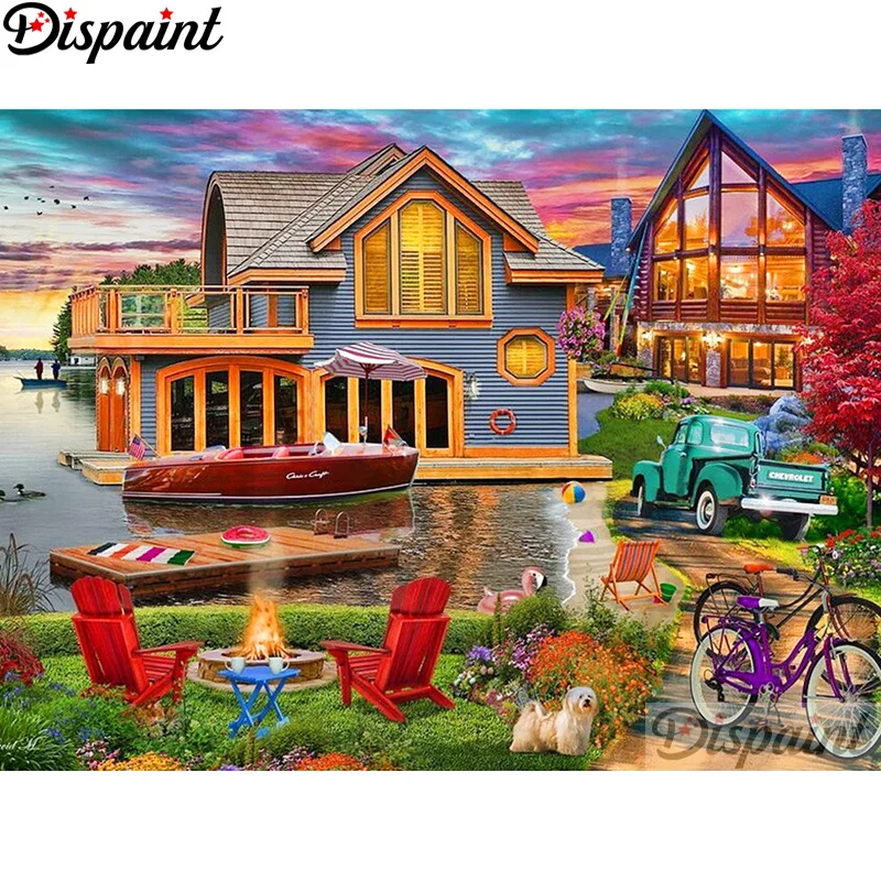 

Алмазная 5D Вышивка Dispaint, набор для рукоделия «пейзаж, лодка, велосипед», алмазная живопись «сделай сам», вышивка крестиком, украшение для дома, подарок
