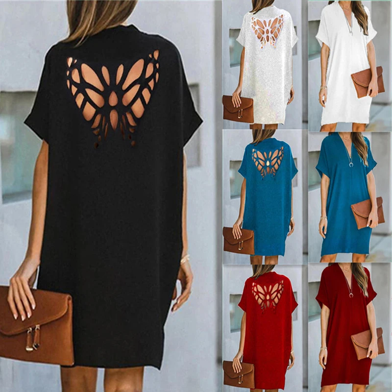 Women Butterfly Hollow Out Dresses Summer Casual Solid Loose Short Sleeve V-Neck Dress Female Party Sundress Beach Vestidos 2021