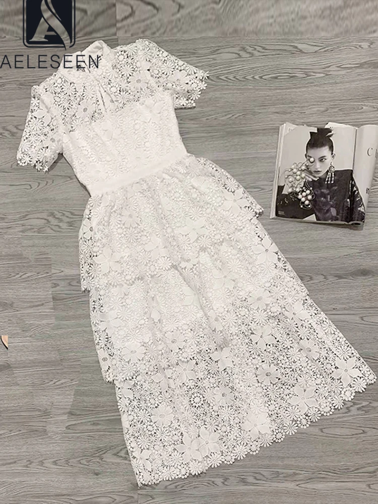

AELESEEN Runway Fashion 2022 Summer Lace Dress Women Water Soluble Floral Creamy White Cascading Ruffles Party Vacation
