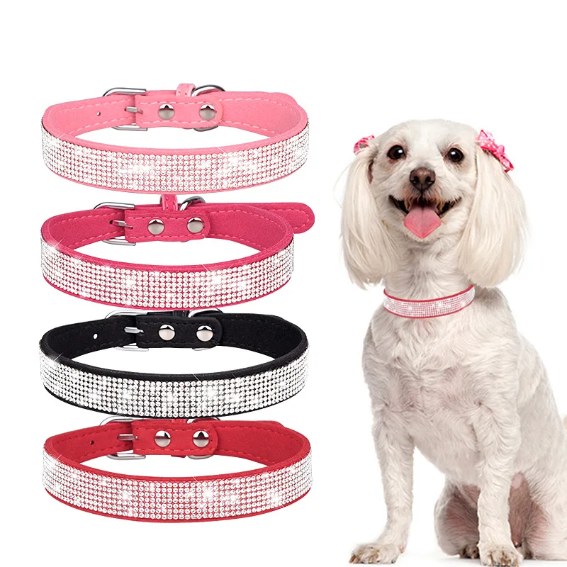 

Suede Fiber Crystal Dog Collar Comfortable Glitter Rhinestone Dog Collars Zinc Alloy Buckle Collar for Small Dogs Cats XXS-L