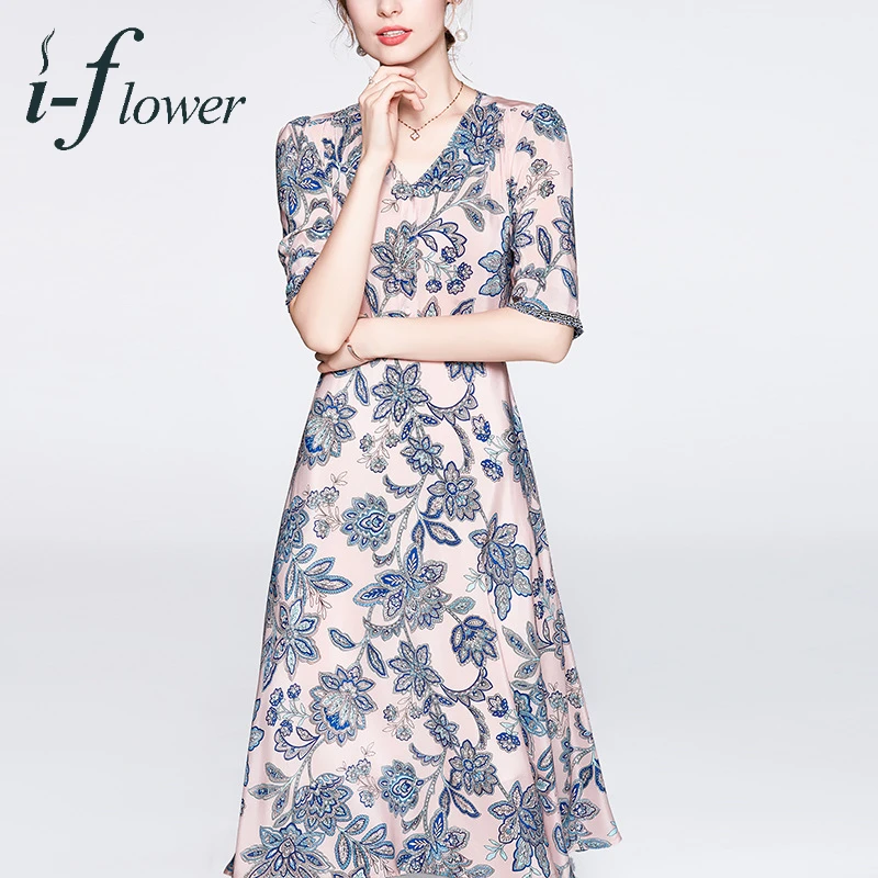 French LadyStyle 100% Mulberry Silk Summer Dress Women 2022 Floral Printing V Neck Midi Bodycon Dress Retro Robe