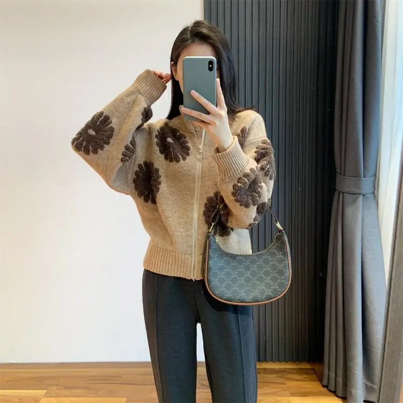 Women's Half High Neck Cardigan Sweater 2022 New High Quality Cashmere Knitted Sweaters Original Embroidery Jacquard Luxury Tops