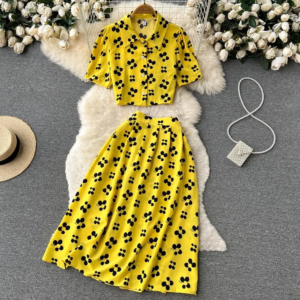 

Summer Fashion New Women Floral Casual Skirts Suit Vintage Crop Tops A-Line Maxi Saya 2 Pieces Set Female Chic Party Clothes