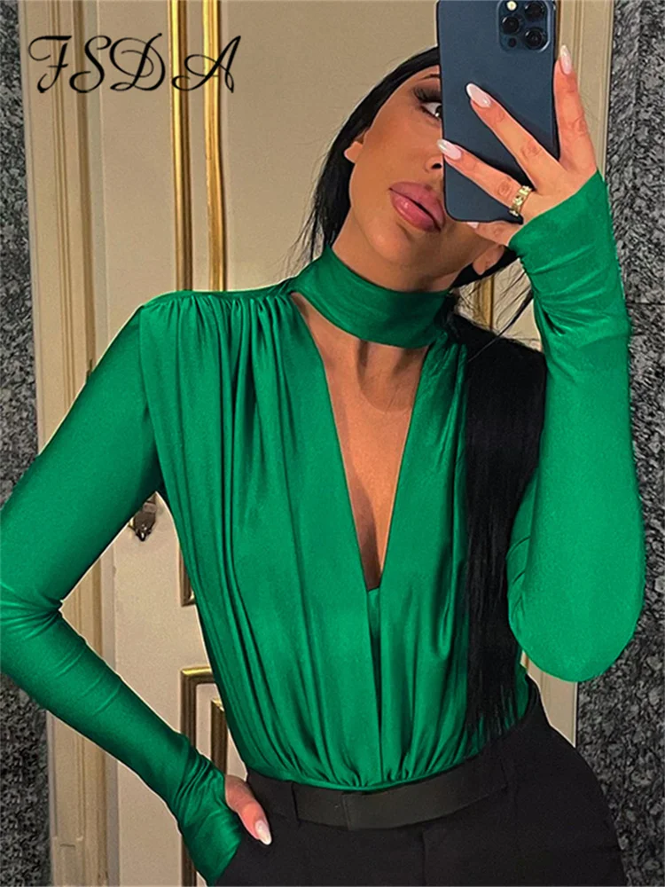 

FSDA блузка с глубоким V-образным вырезом и длинным рукавом Женская осенне-зимняя блузка с лямкой на шее облегающий сексуальный женский топ зеленая одежда 2022