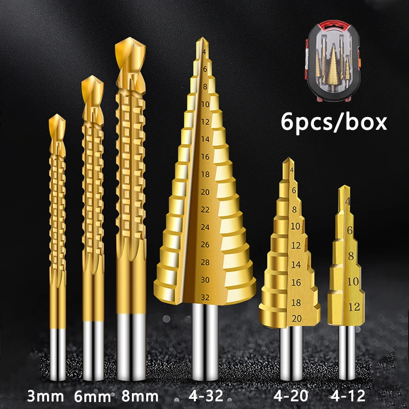 

32mm Step Drill Bit 6pcs Set Metal Woodworking Aluminum Alloy Plastic Plate Processing High Speed Steel Digging Hand Tool