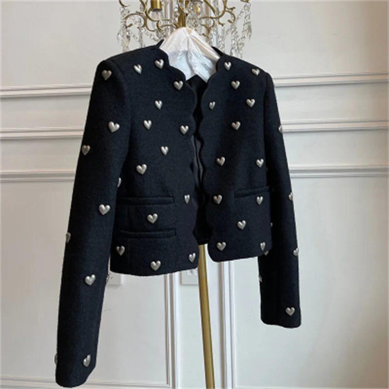 

Autumn Black Love Wool Tweed Short Coat Female Elegant Small Fragrance Design Simple Suit Cardigan Retro Fashion Jacket D942