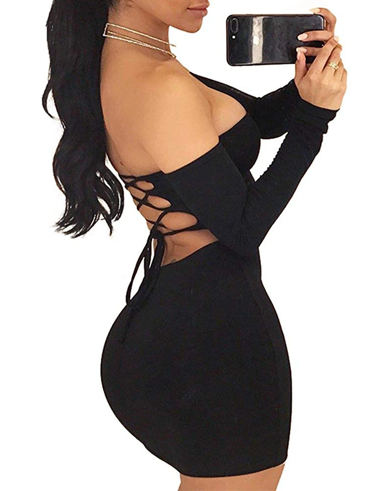 

New 2022 Autumn winter long sleeve dress Women's Sexy Off Shoulder Backless Lace Up Club Mini Dress dresses for women