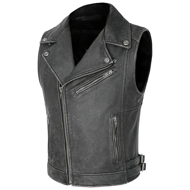 

High Quality Vest Motorcycle Mens Genuine Biker Leather Waistcoat Vintage Gray Slim Fit Punk Real Cowhide Sleeveless Jacket