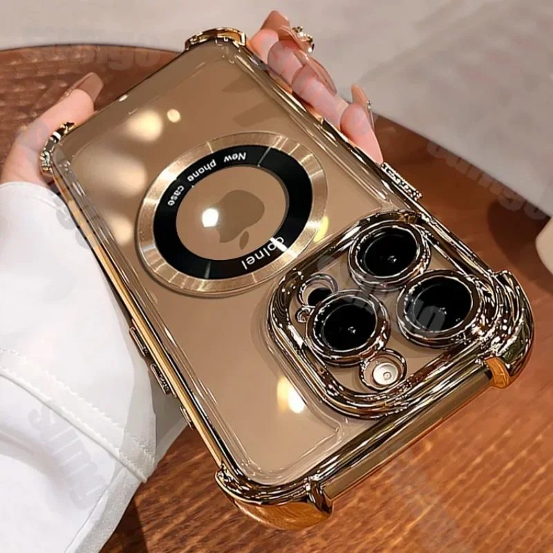Luxury Desert Gold Plating Transparent Case For iPhone 15 14 13 12 11 16 Pro Max Plus Magsafe Wireless Charging Shockproof Cover