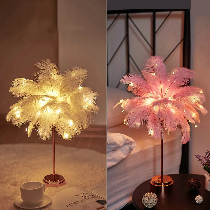 

Feather Table Lamp USB DIY Creative Warm Light Tree Feather Lampshade Wedding Home Bedroom Decor