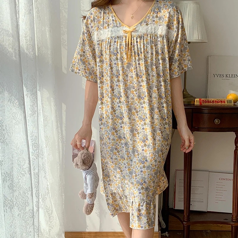 Summer Dress Women Nightwear Maiden Night Gown Sexy Sleepwear Cotton Silk Thin Pajamas