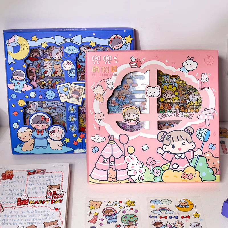 

100 Sheets Kawaii Girl Animal Box Stickers Set Cute Transparent PET Self Adhesive Decorative Decals For Journaling Scrapbooking