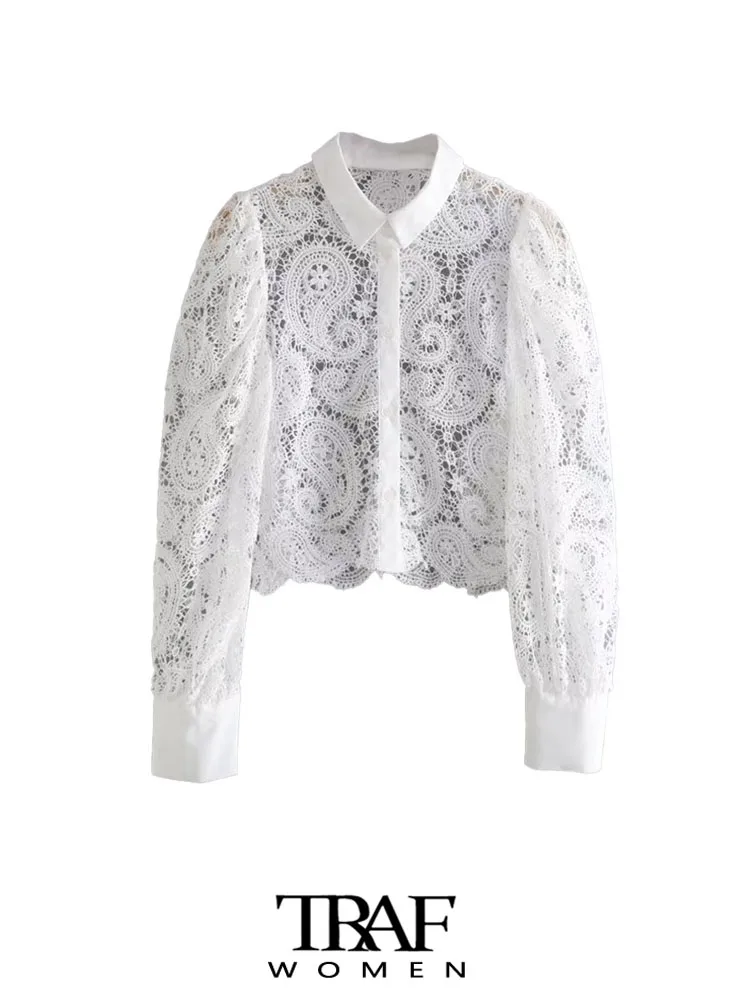 

TRAF Women Sexy Fashion Semi-sheer Cropped Crochet Knit Shirts Vintage Long Sleeve Button-up Female Blouses Chic Tops