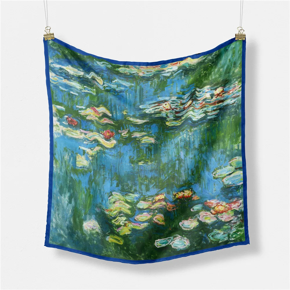 

53cm*53cm Square Scarf Women Monet Water Lilies In The Pond Printed Silk Scarf Bandana Headband Hijab Neckerchief For Ladies